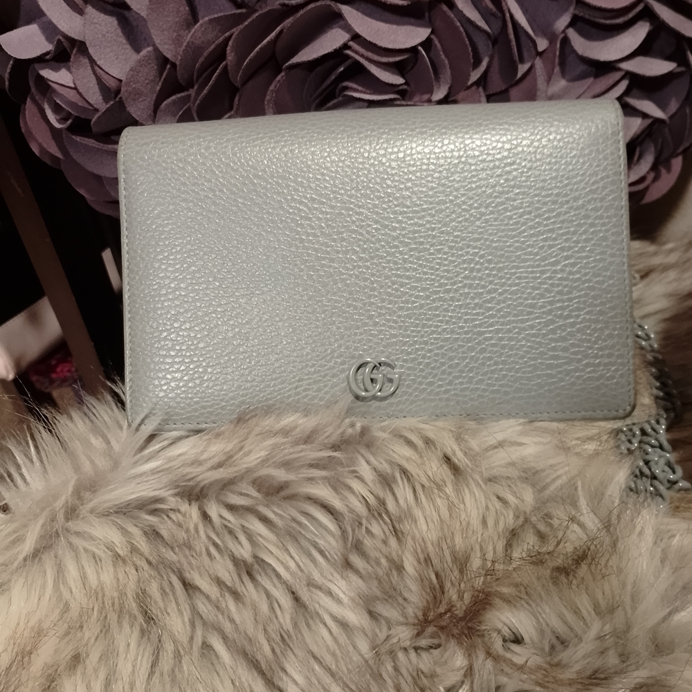 Gucci Light Gray Leather GG Marmont chain wallet